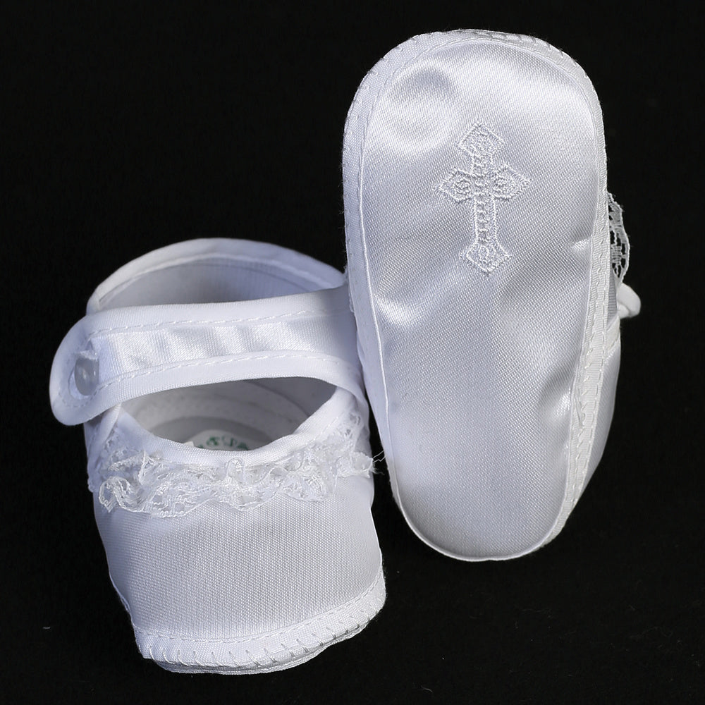 Girl's christening bootie with lace trim & embroidered cross