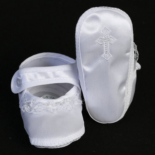 Girl's christening bootie with lace trim & embroidered cross