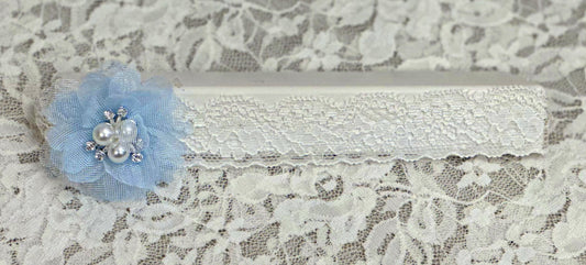 White Lace Headband with Blue Chiffon Flower