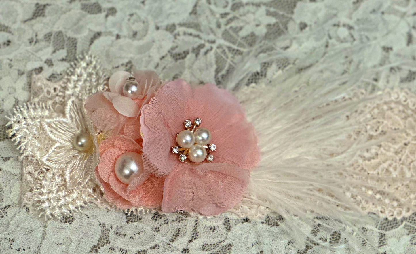 Blush Lace Headband with Flowers, Feathers