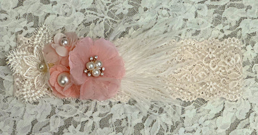 Blush Lace Headband with Flowers, Feathers