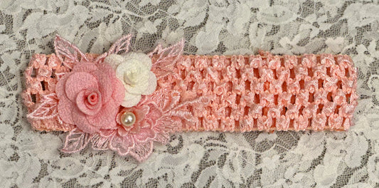 Blush Crochet Headband with Flowers, Lace