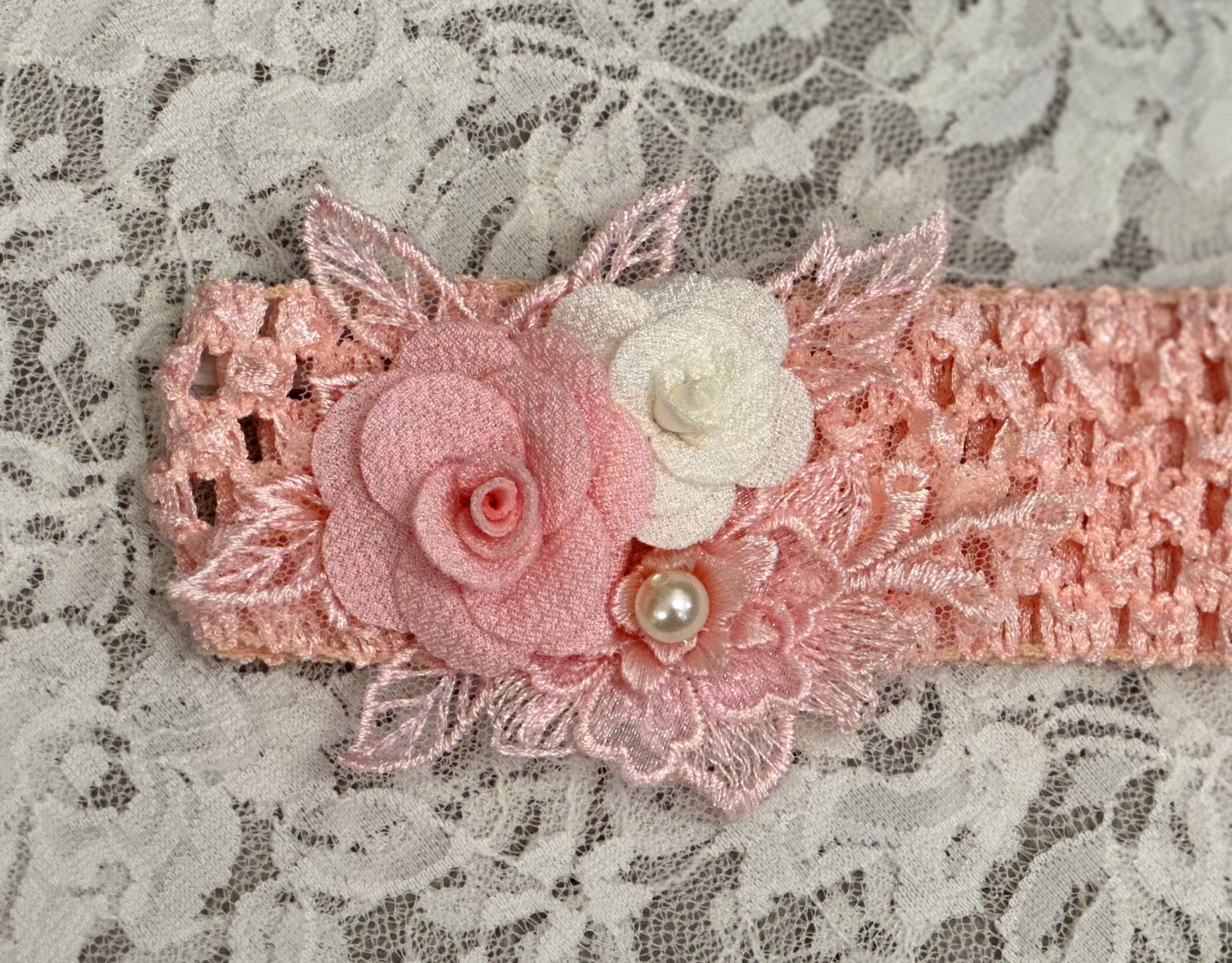 Blush Crochet Headband with Flowers, Lace