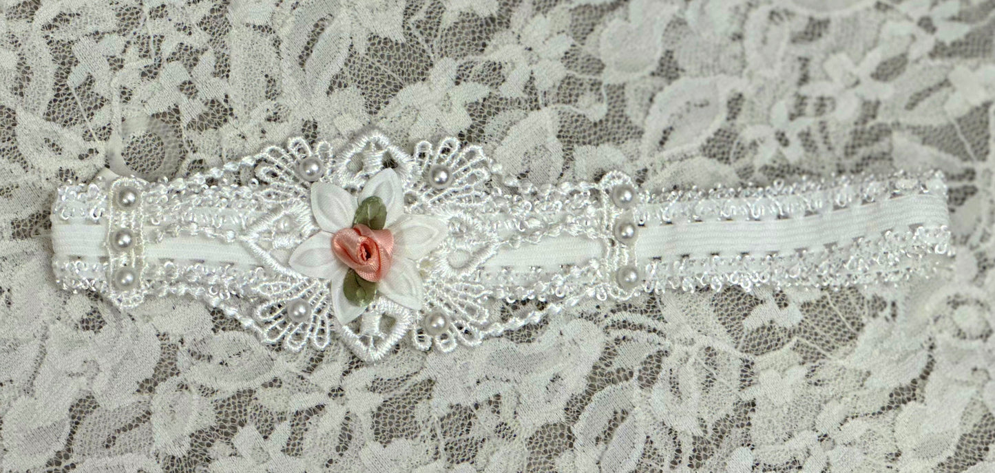 White Lace Headband with Applique, Roses