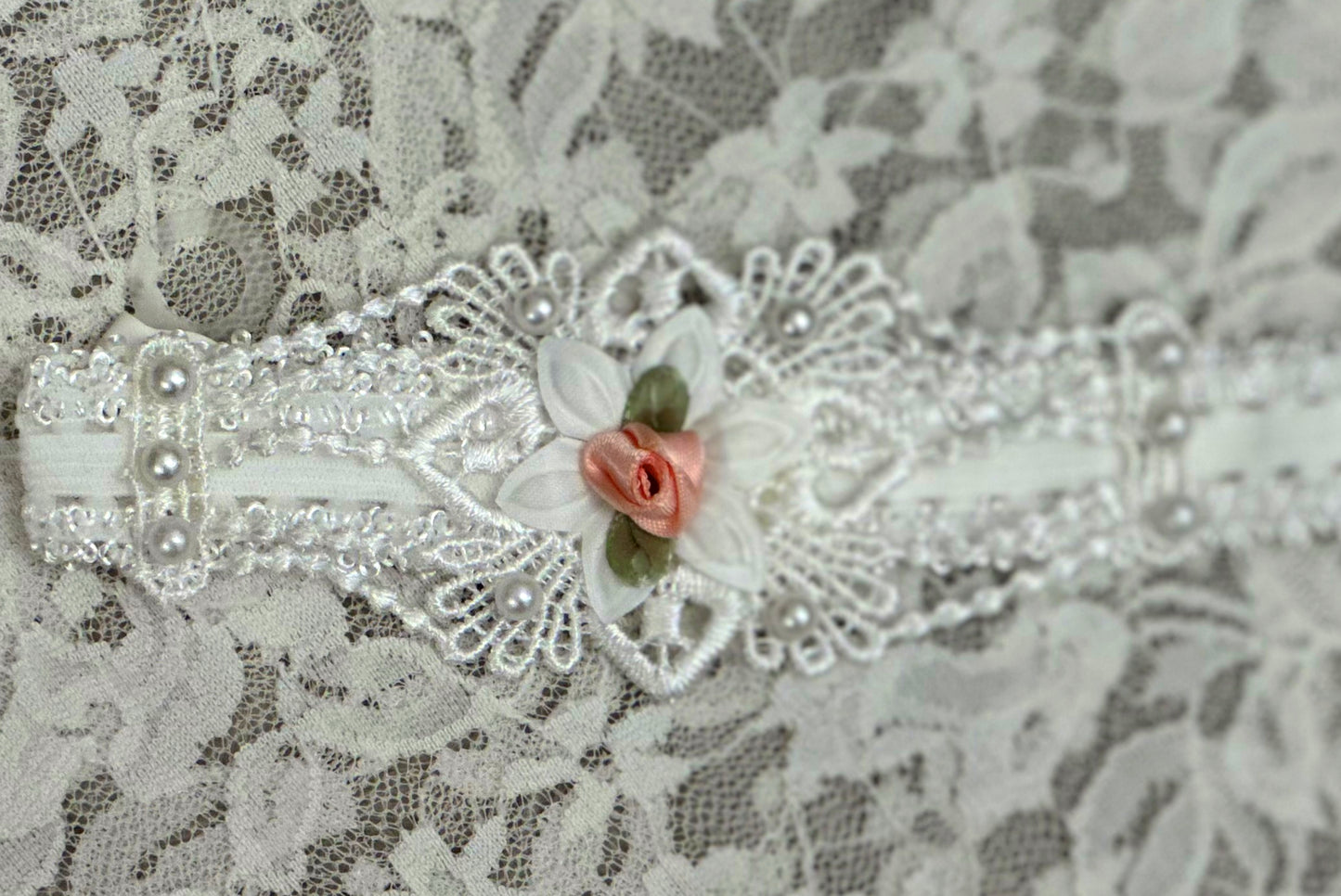White Lace Headband with Applique, Roses
