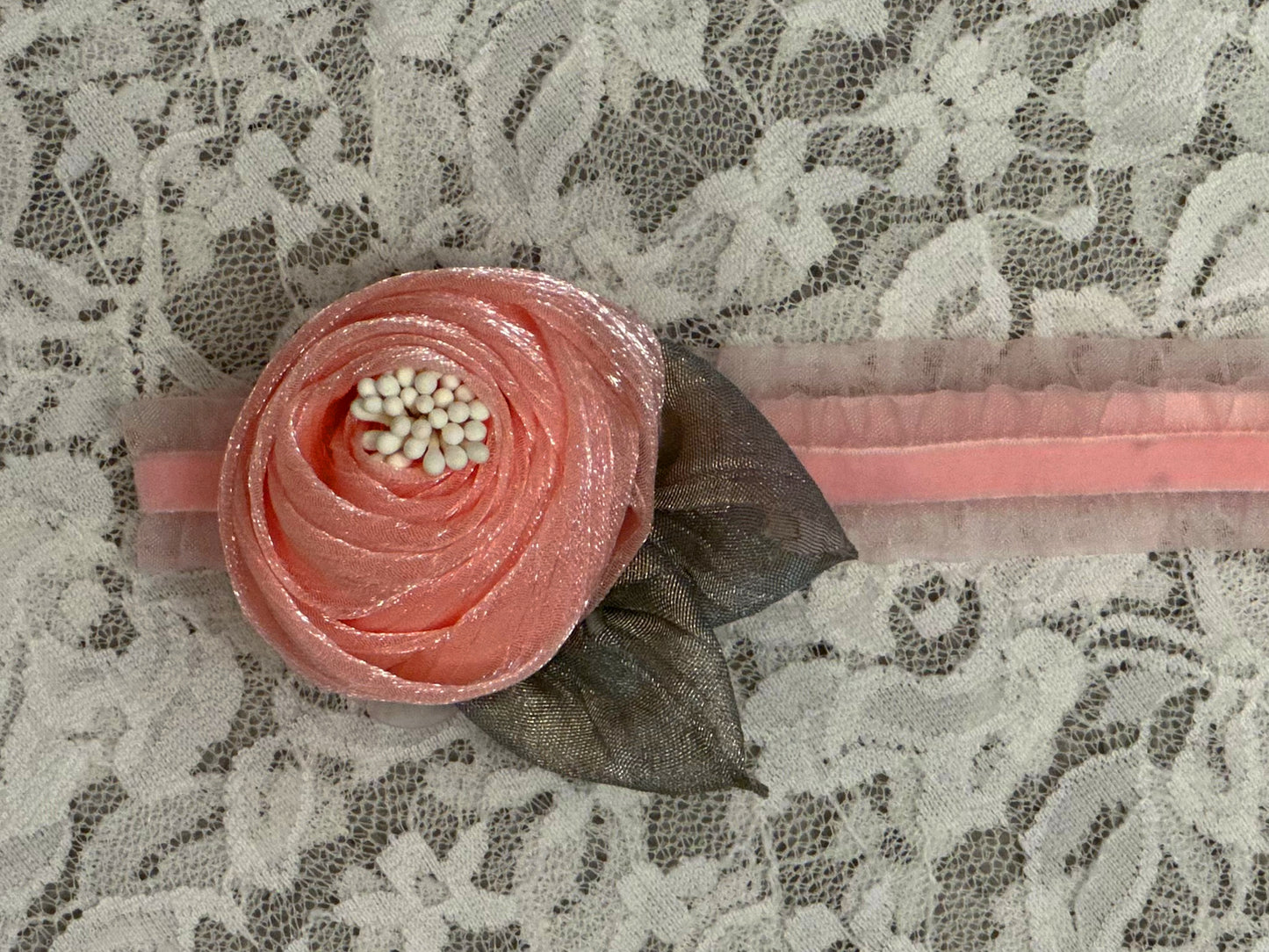 Pink Ruffle Headband with Rose