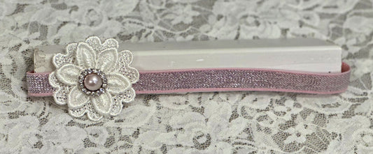 Pink Sparkle Headband with Lace Flower