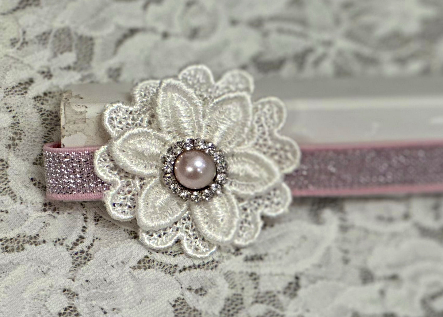 Pink Sparkle Headband with Lace Flower