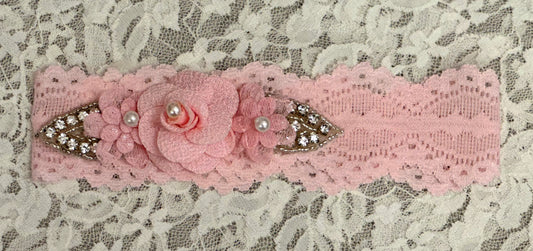 Pink Lace Headband with Flowers, Rhinestones