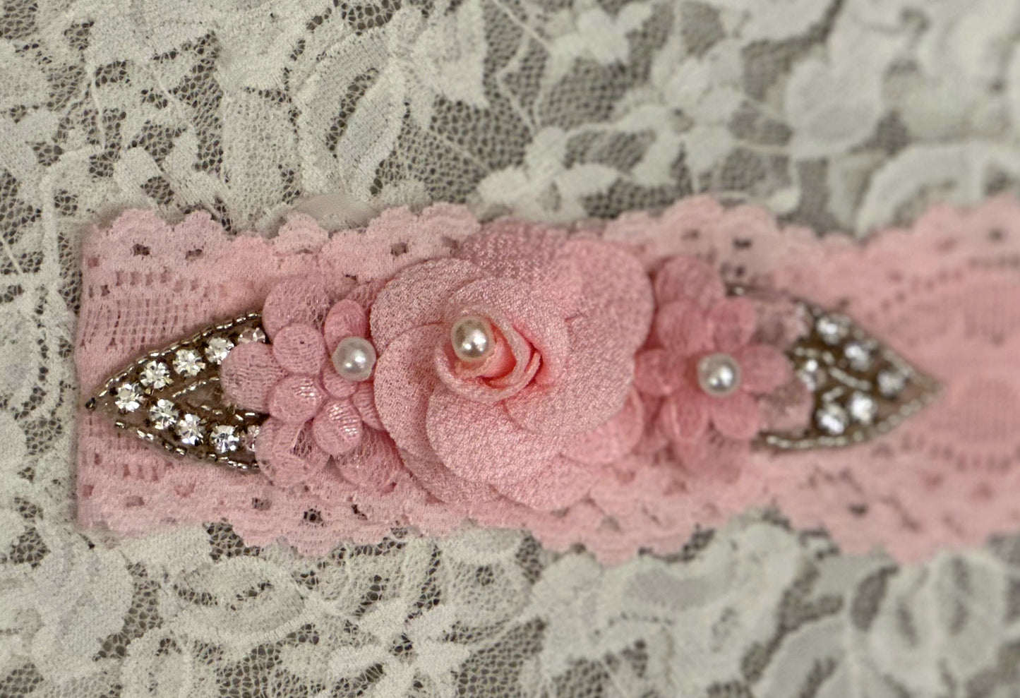 Pink Lace Headband with Flowers, Rhinestones