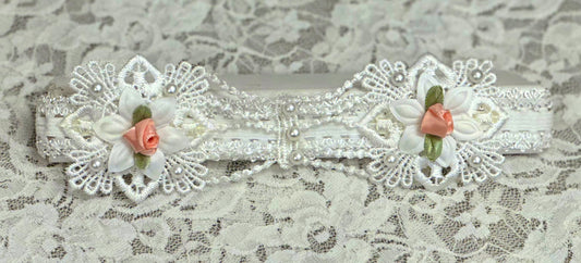 White Lace Headband with Lace Applique, Roses