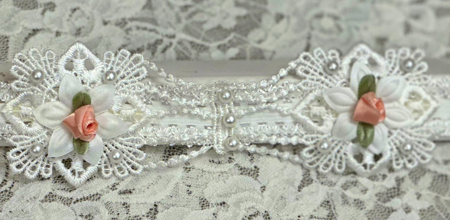 White Lace Headband with Lace Applique, Roses