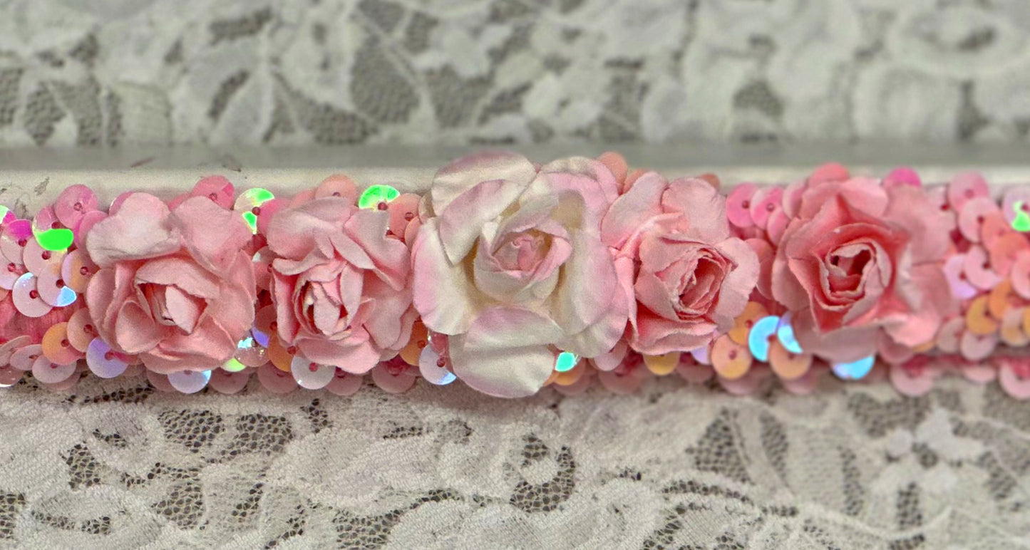 Pink Sequin Headband with Roses
