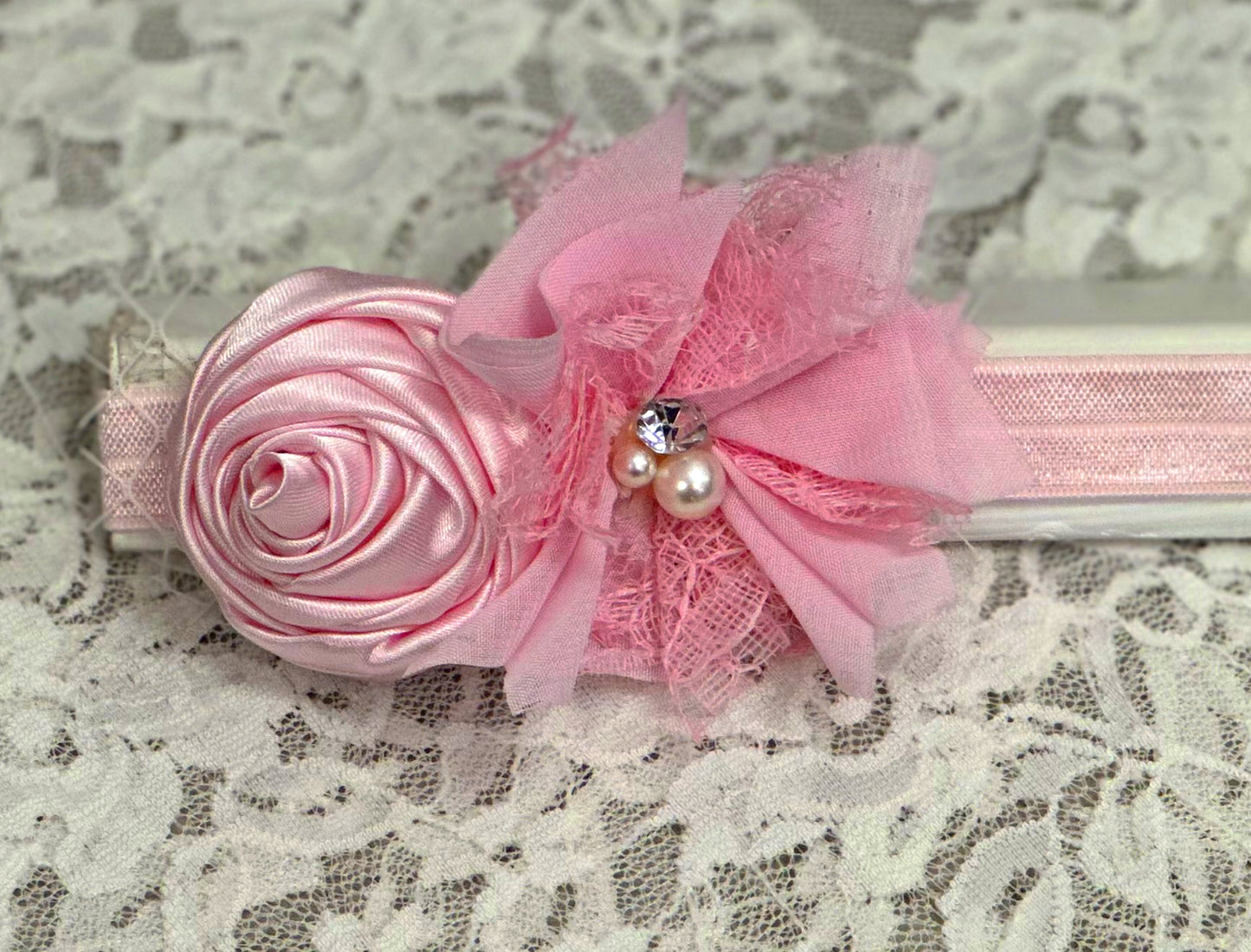 Pink Lace Headband with Flowers