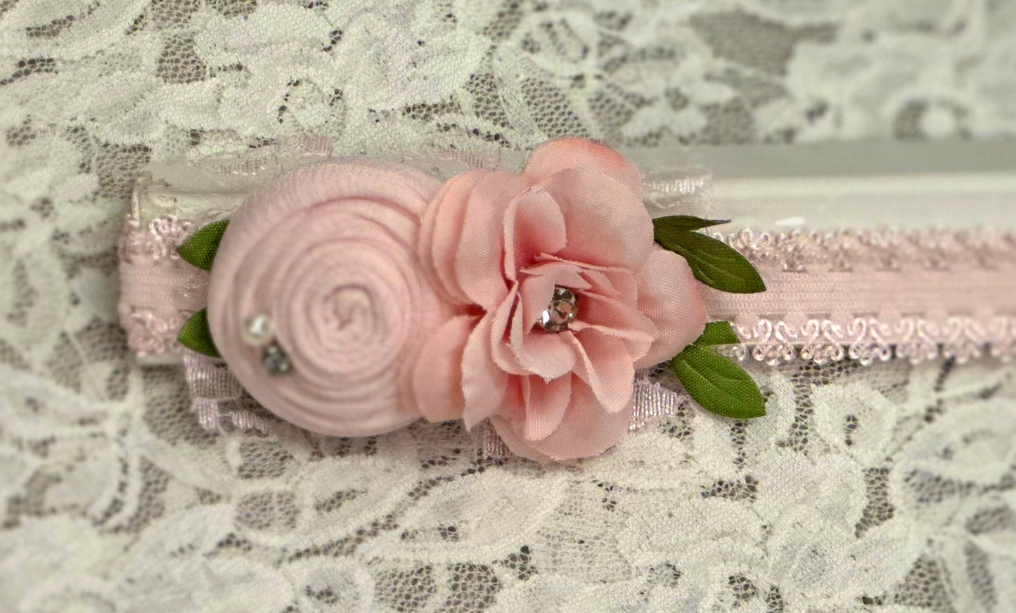 Pink Lace Headband with Flowers