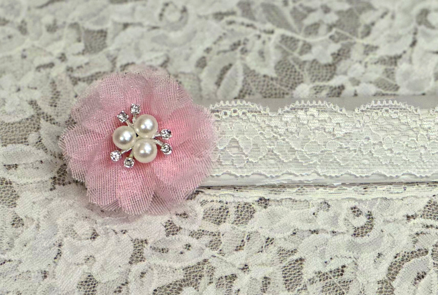 White Lace Headband with Pink Flower