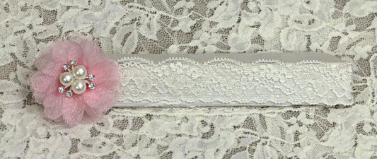 White Lace Headband with Pink Flower
