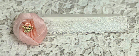 White Lace Headband with Blush Rose