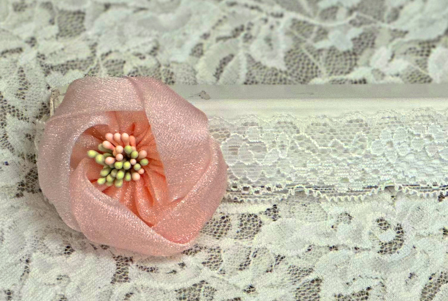 White Lace Headband with Blush Rose