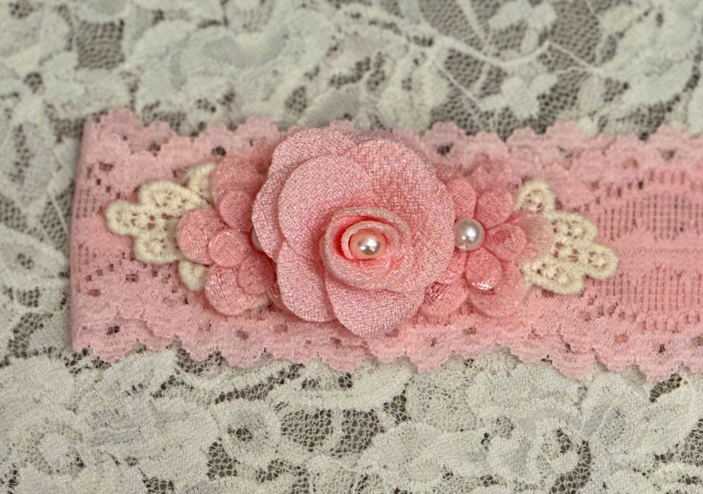 Pink Lace Headband with Flowers
