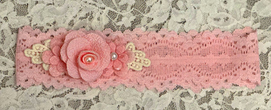 Pink Lace Headband with Flowers