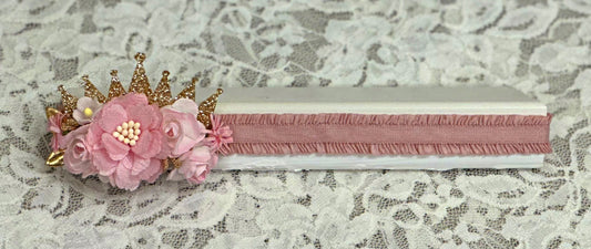 Pink Frilly Headband with Flowers, Gold Crown