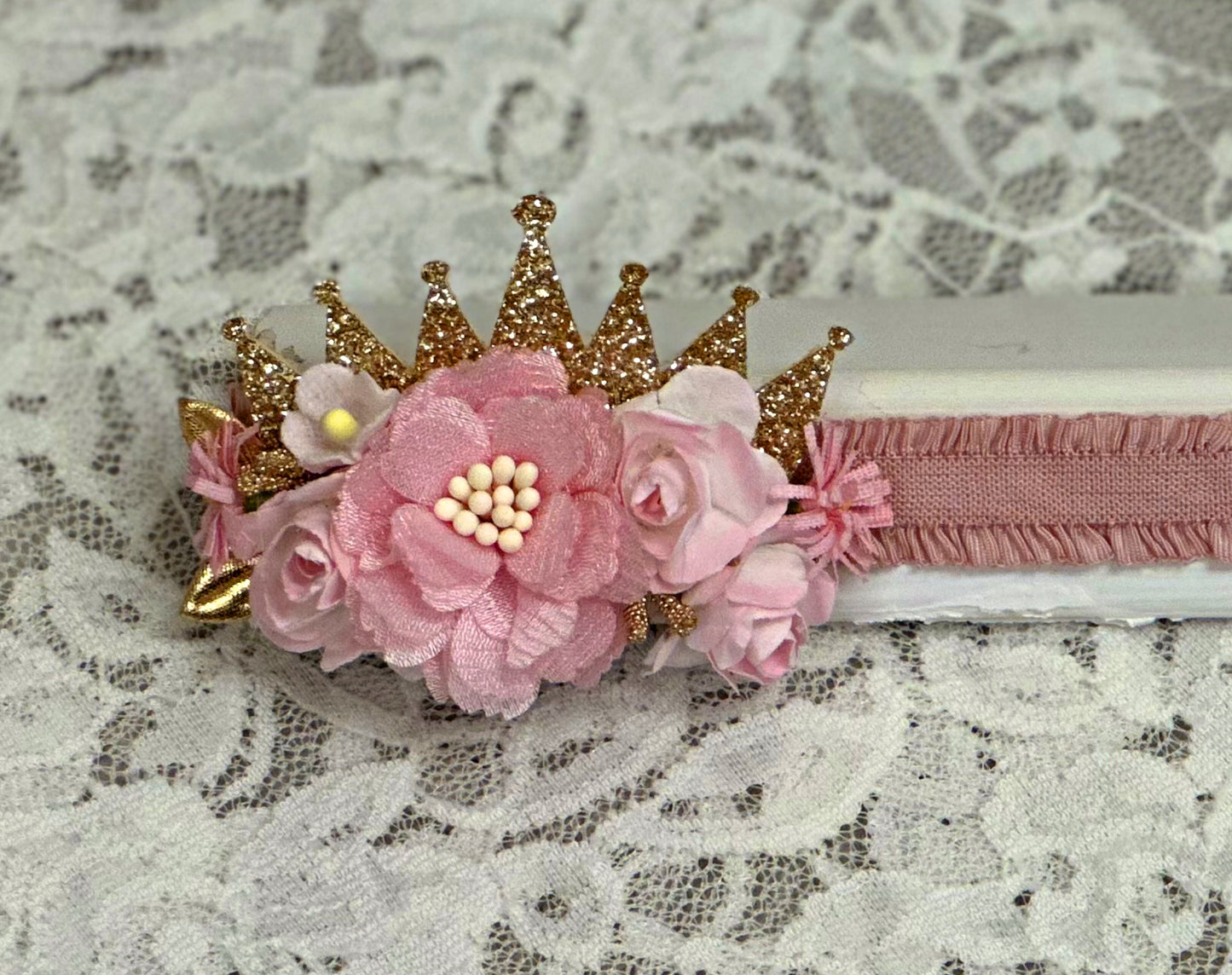 Pink Frilly Headband with Flowers, Gold Crown