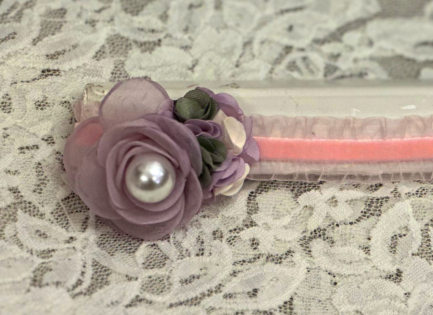 Pink Ruffle Headband with Violet Rose