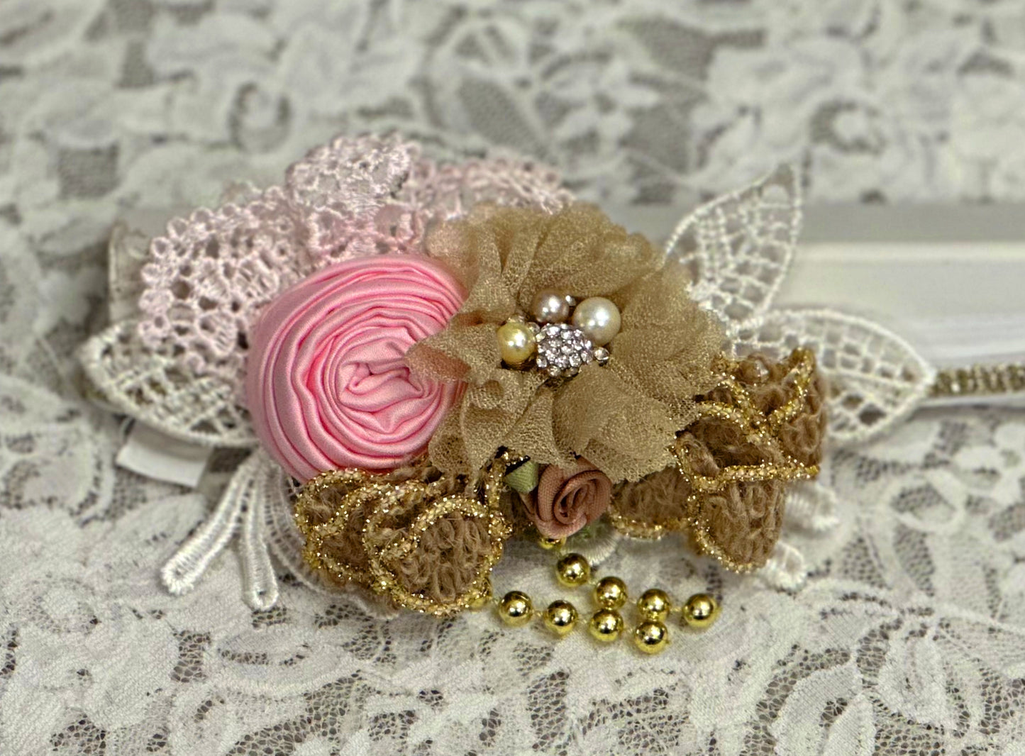Gold Sparkle Headband with Pearls, Flowers