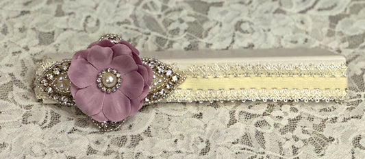 Ivory Lace Headband with Violet Flower, Applique