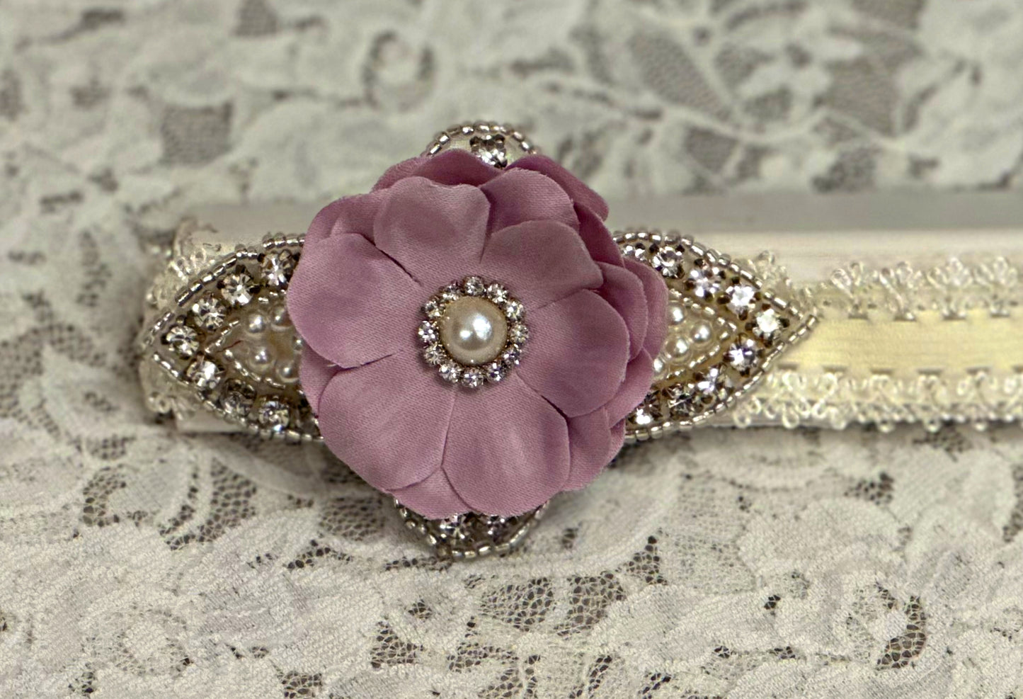 Ivory Lace Headband with Violet Flower, Applique