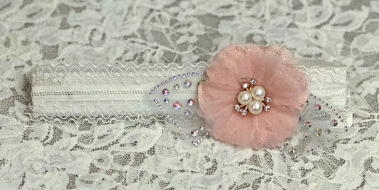 White Lace Headband with Blush Flower, Applique