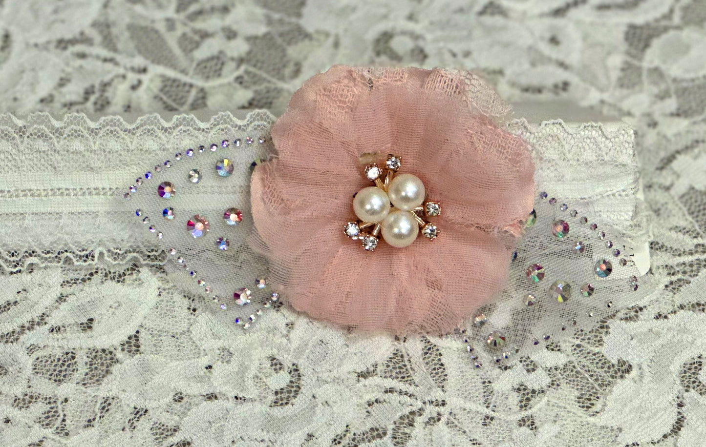 White Lace Headband with Blush Flower, Applique