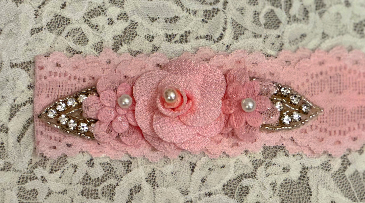 Pink Lace Headband with Flowers