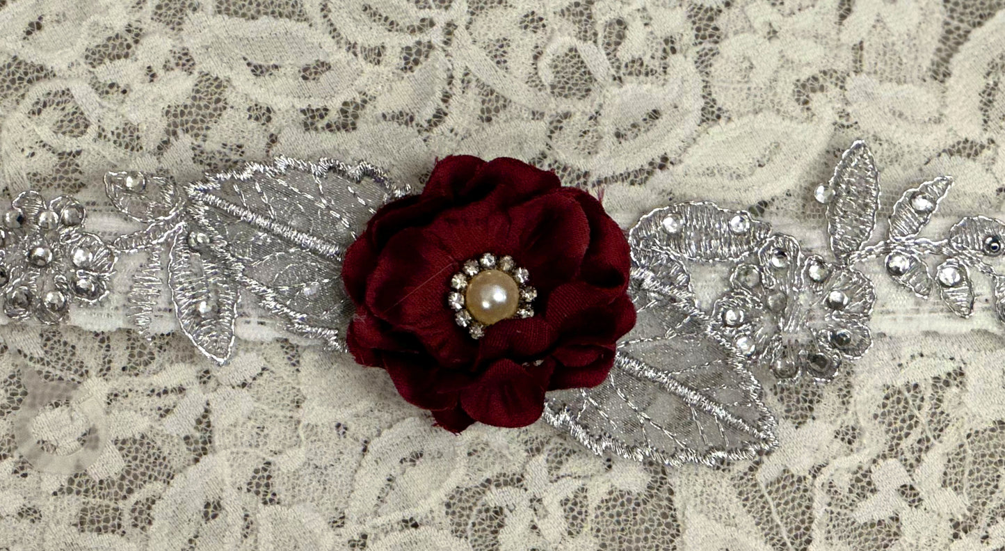 White Lace Headband with Burgundy Flowers