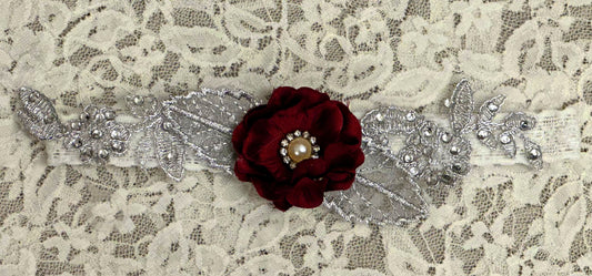 White Lace Headband with Burgundy Flowers