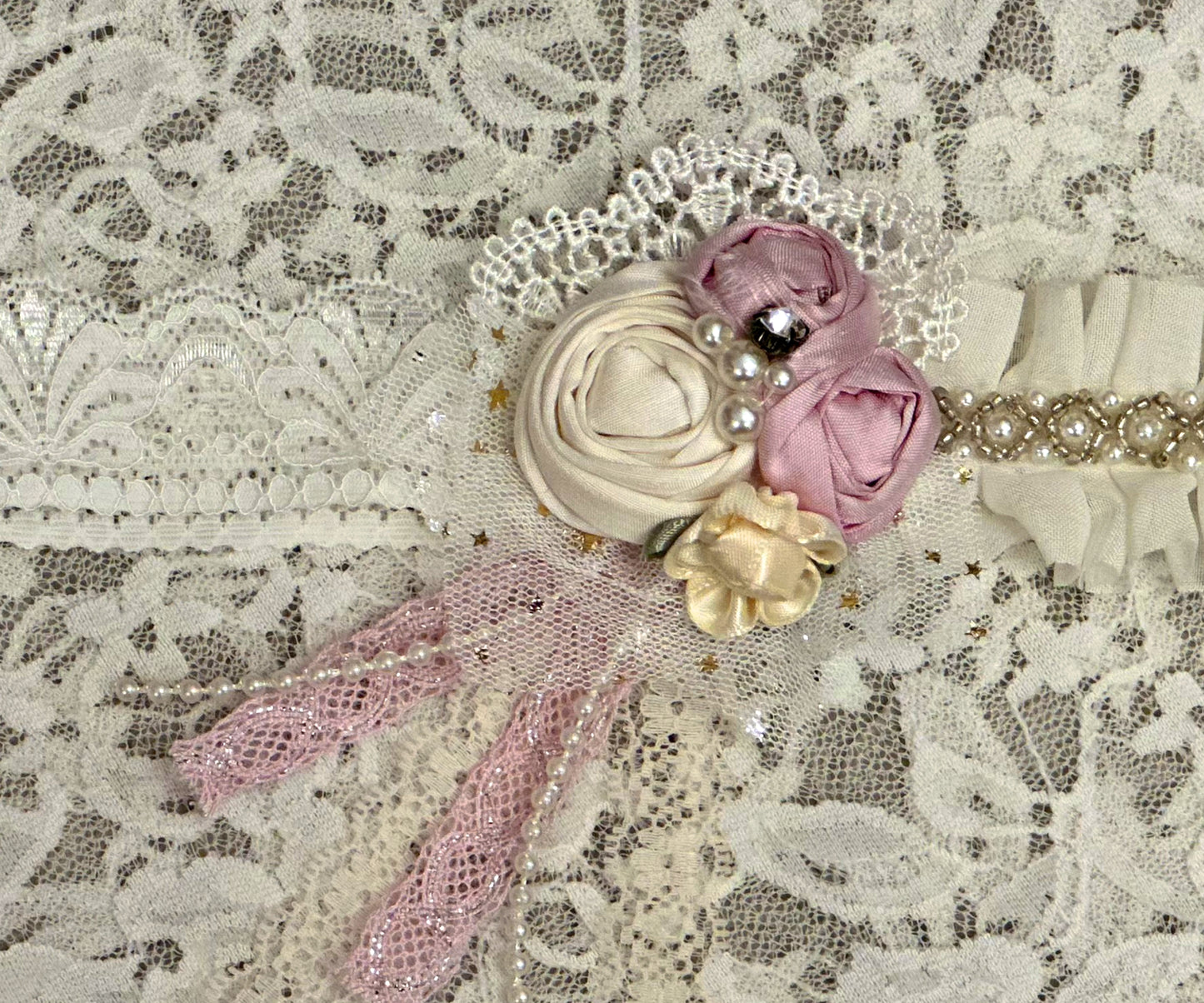 White Lace Headband with Flowers, Pearls