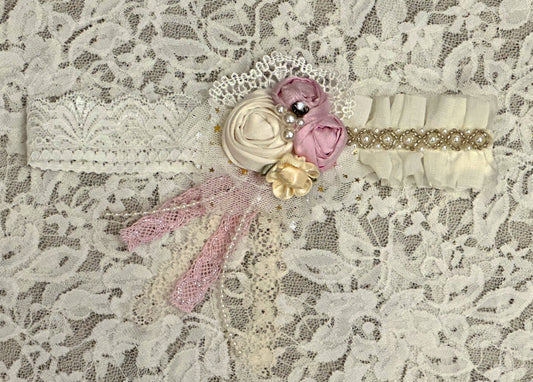 White Lace Headband with Flowers, Pearls