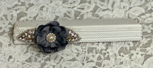White Lace Headband with Grey Rose, Applique
