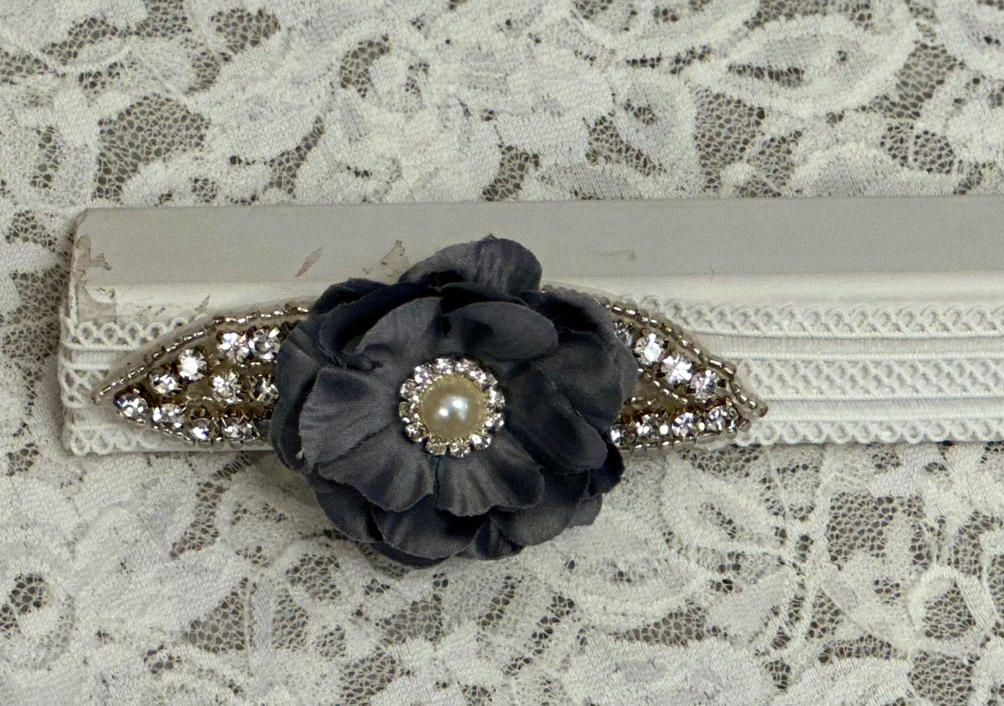 White Lace Headband with Grey Rose, Applique