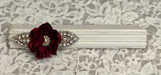 White Lace Headband with Burgundy Rose, Applique