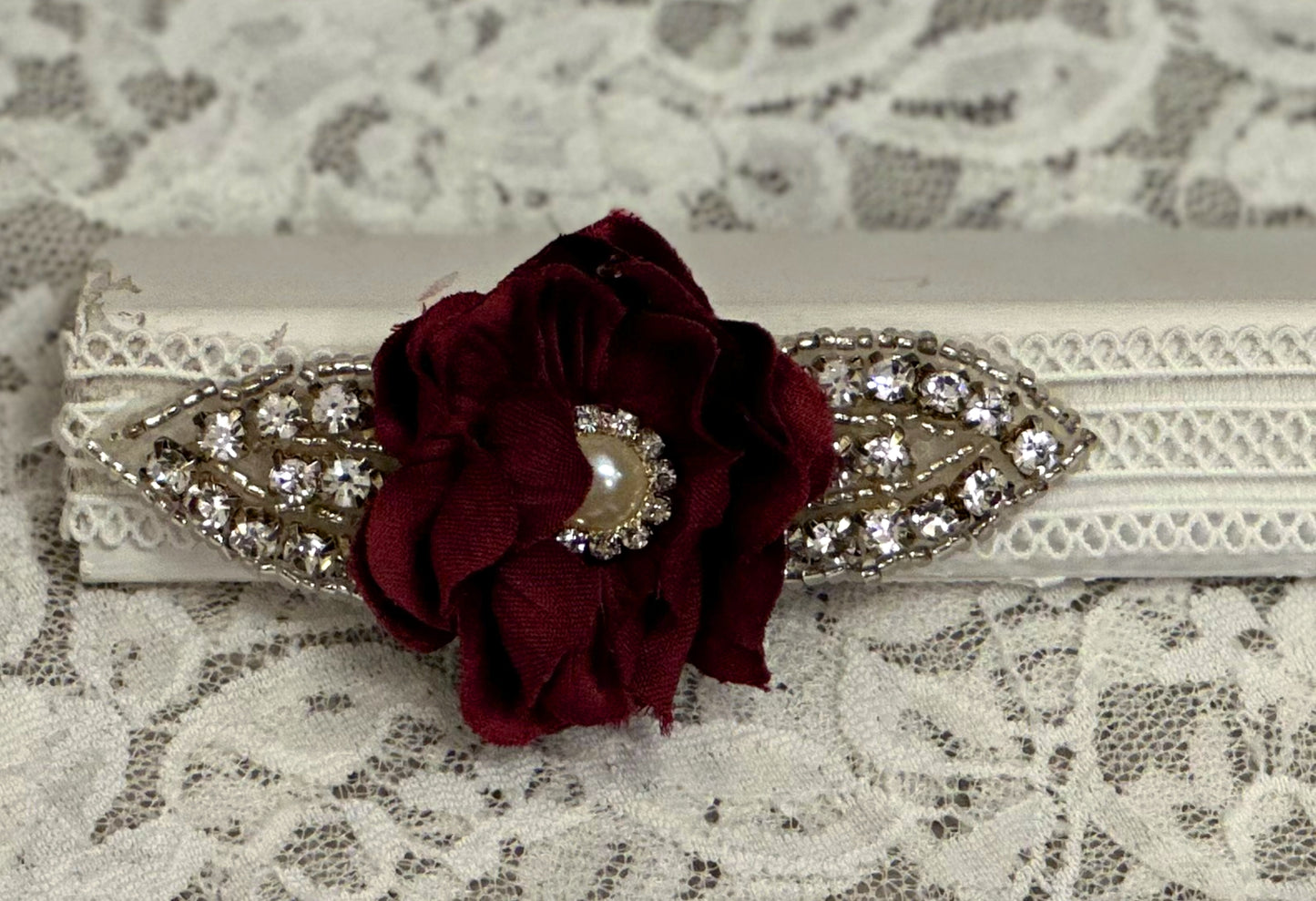 White Lace Headband with Burgundy Rose, Applique