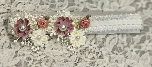 White Lace Headband with Floral Applique