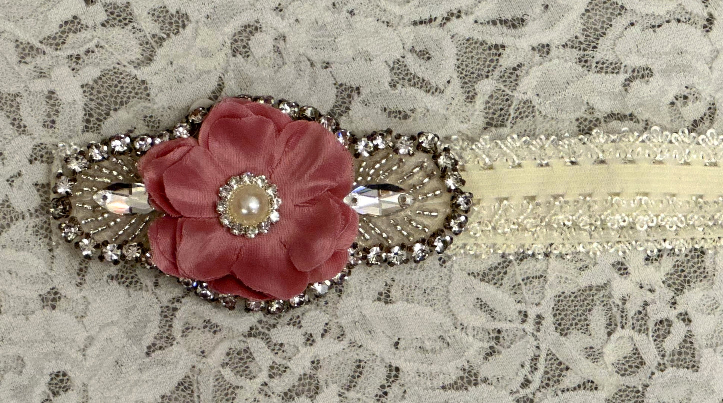 Ivory Lace Headband with Rose, Applique