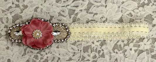 Ivory Lace Headband with Rose, Applique