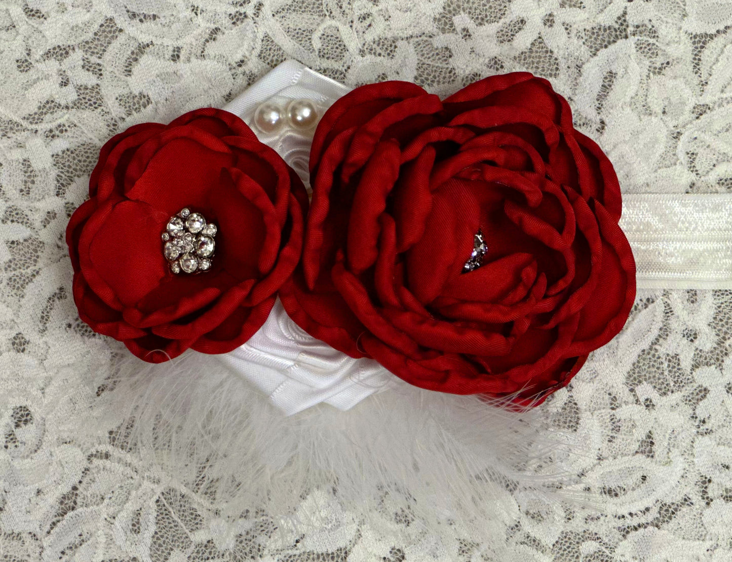 Red Headband with Flowers, Feather