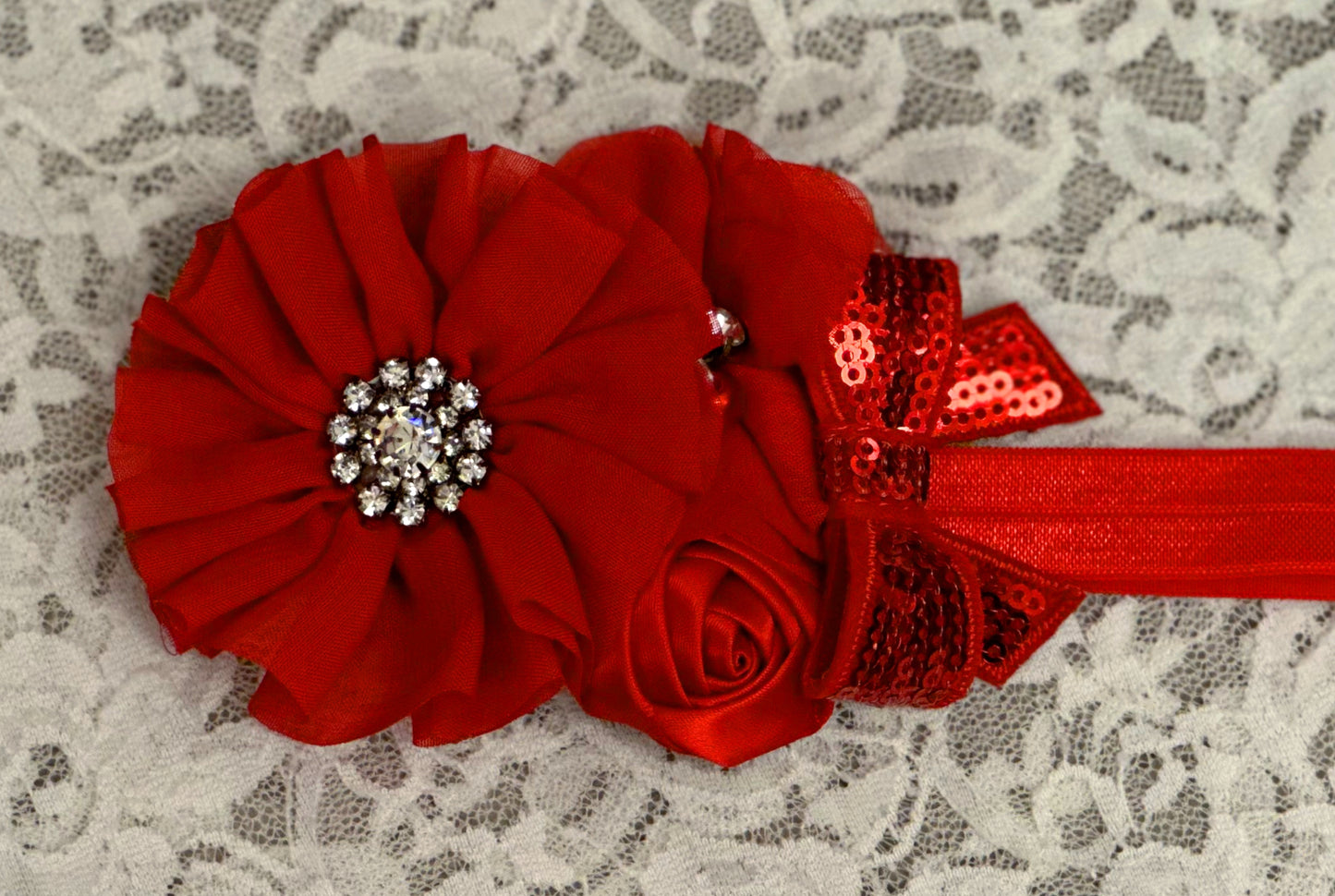 Red Headband with Flowers, Sequin Bow