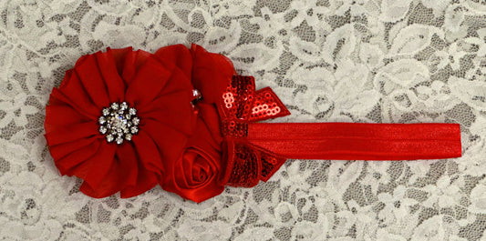 Red Headband with Flowers, Sequin Bow