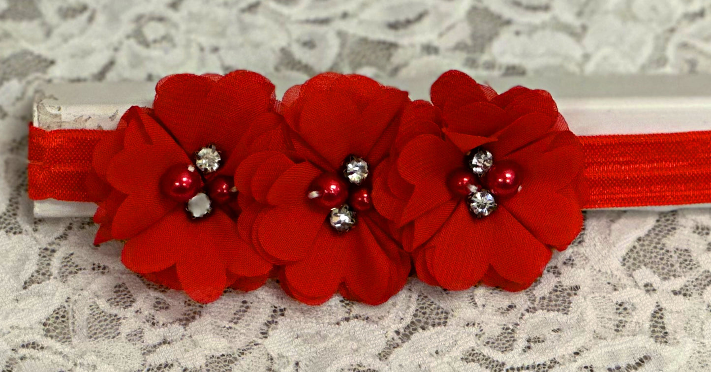Red Lace Headband with Mesh Flowers