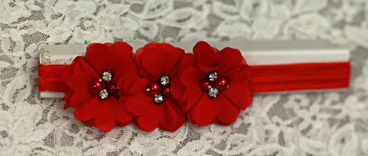 Red Lace Headband with Mesh Flowers